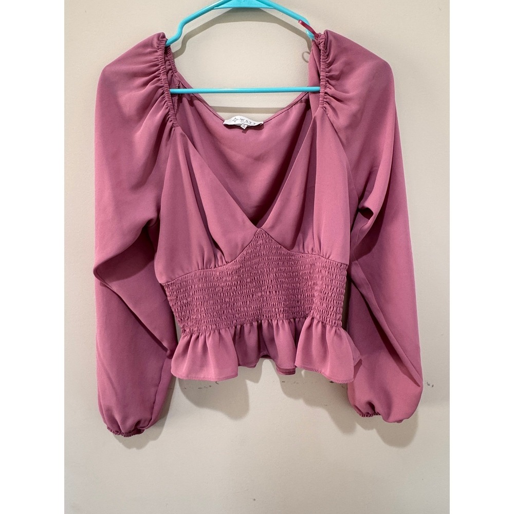 WAYF Peplum Blouse Women Small Pink Smocked Waist Puff Sleeve Romantic Coquette - Picture 2 of 10
